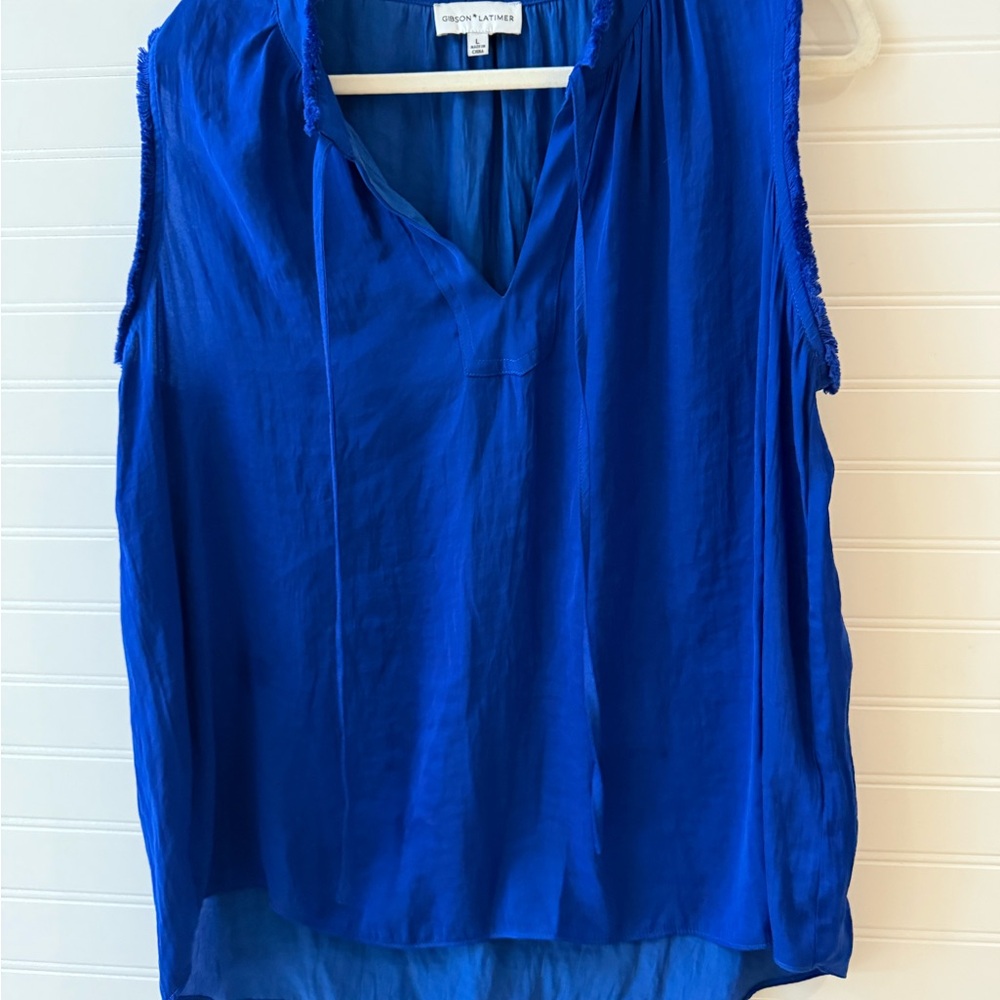 Gibson Latimer Blue Sleeveless Asymmetrical Blouse